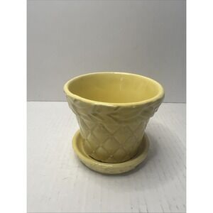 Vintage 1940s McCoy Planter Yellow Diamond Pattern Flower Pot w/ Saucer 3.5"